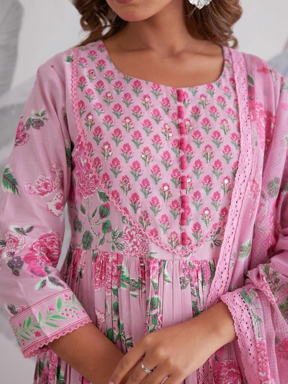 Premium Pink Floral Jaipuri Cotton 6060 Flared Anarkali Suit Set with Pant & Dupatta