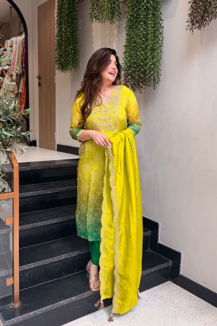 Lime Green Bandhani Print Premium Silk Suit Set