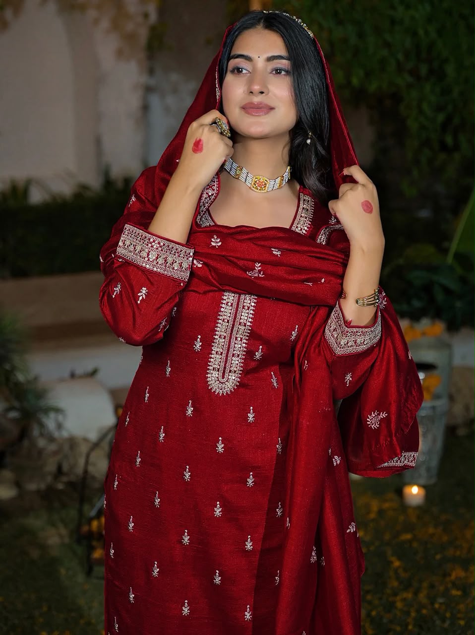 Elegant Maroon Silk Embroidered Kurta Set with Dupatta