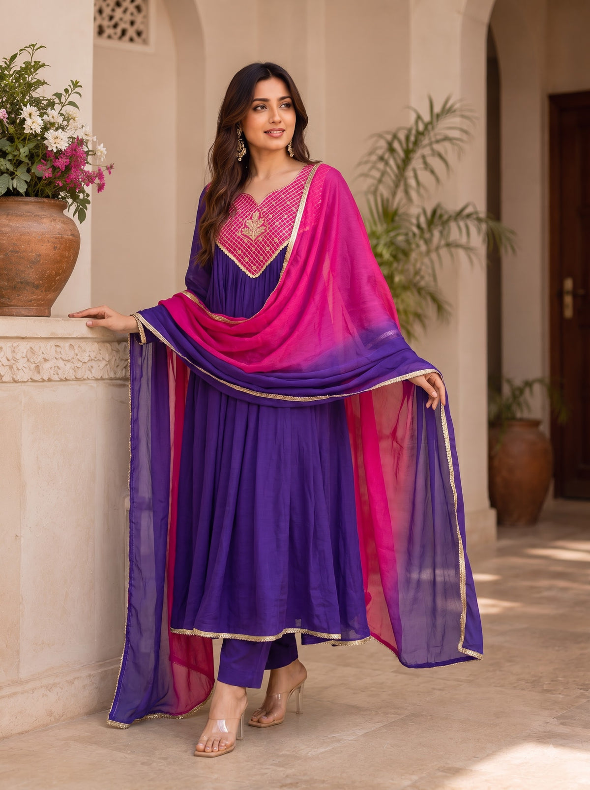 Ombre Embroidered Anarkali Suit Set with Dupatta