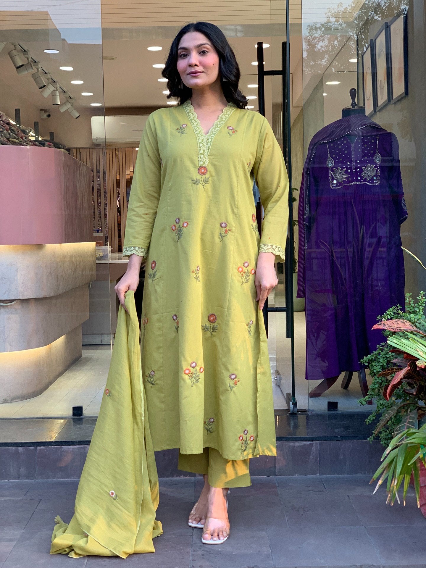 Pista Floral Embroidered Chanderi Kurta Set with Dupatta