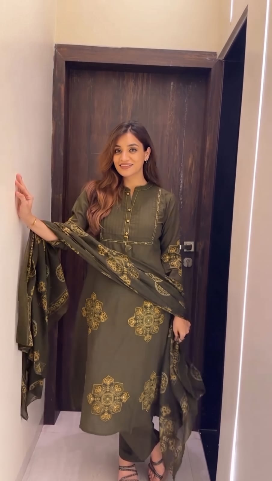 Jaipuri Cotton Olive Green Printed Anarkali Kurta Pant & Dupatta Set