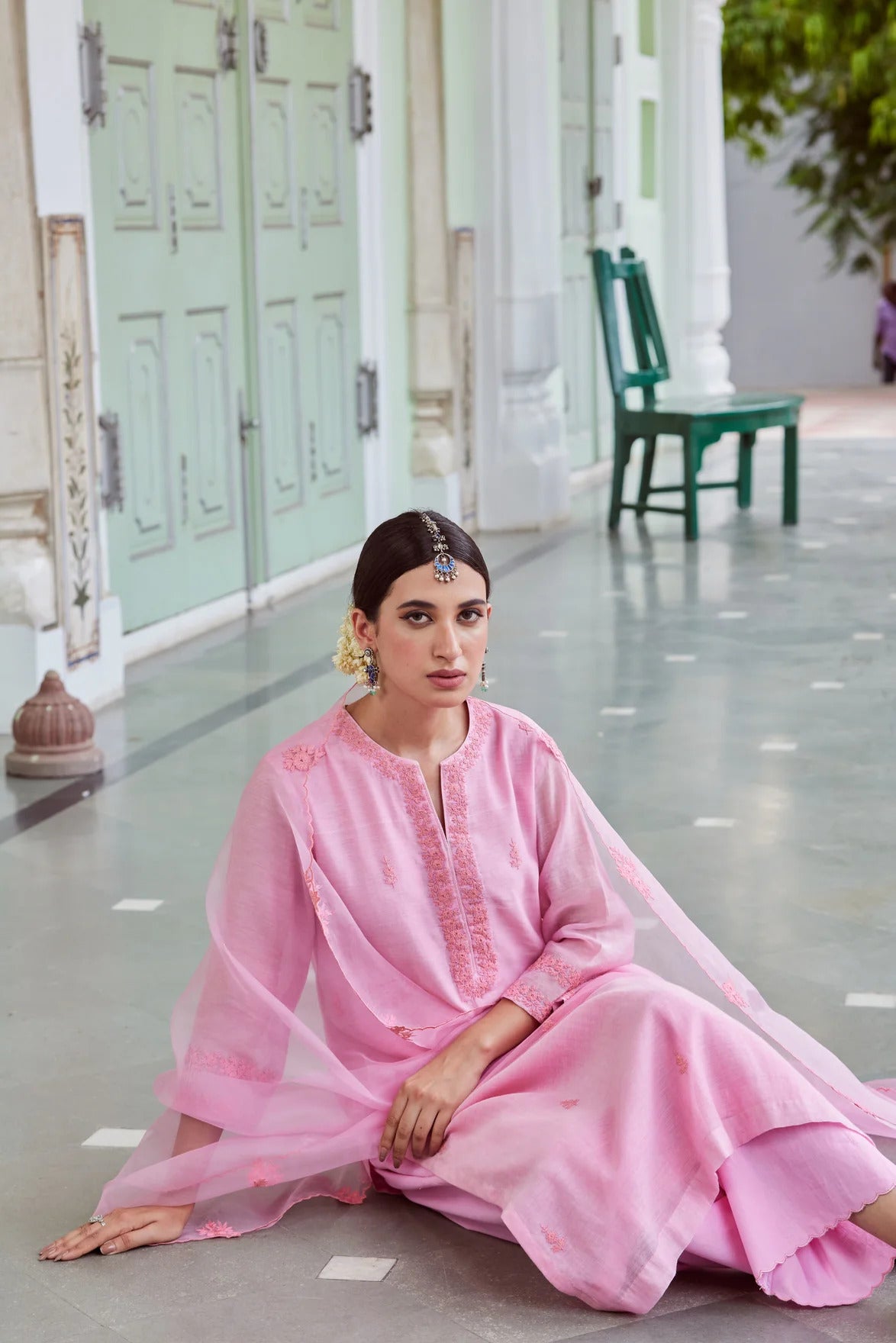 Light Pink Work Mul Chanderi with Ghewar Hand Embroidery Suit Set