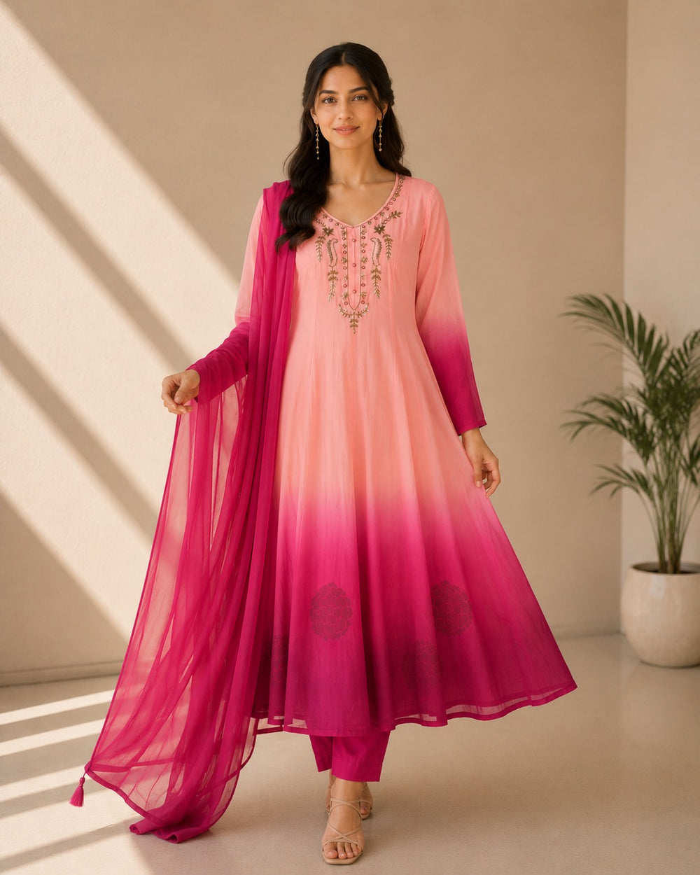 Pink Ombre Embroidered Anarkali Suit Set with Dupatta