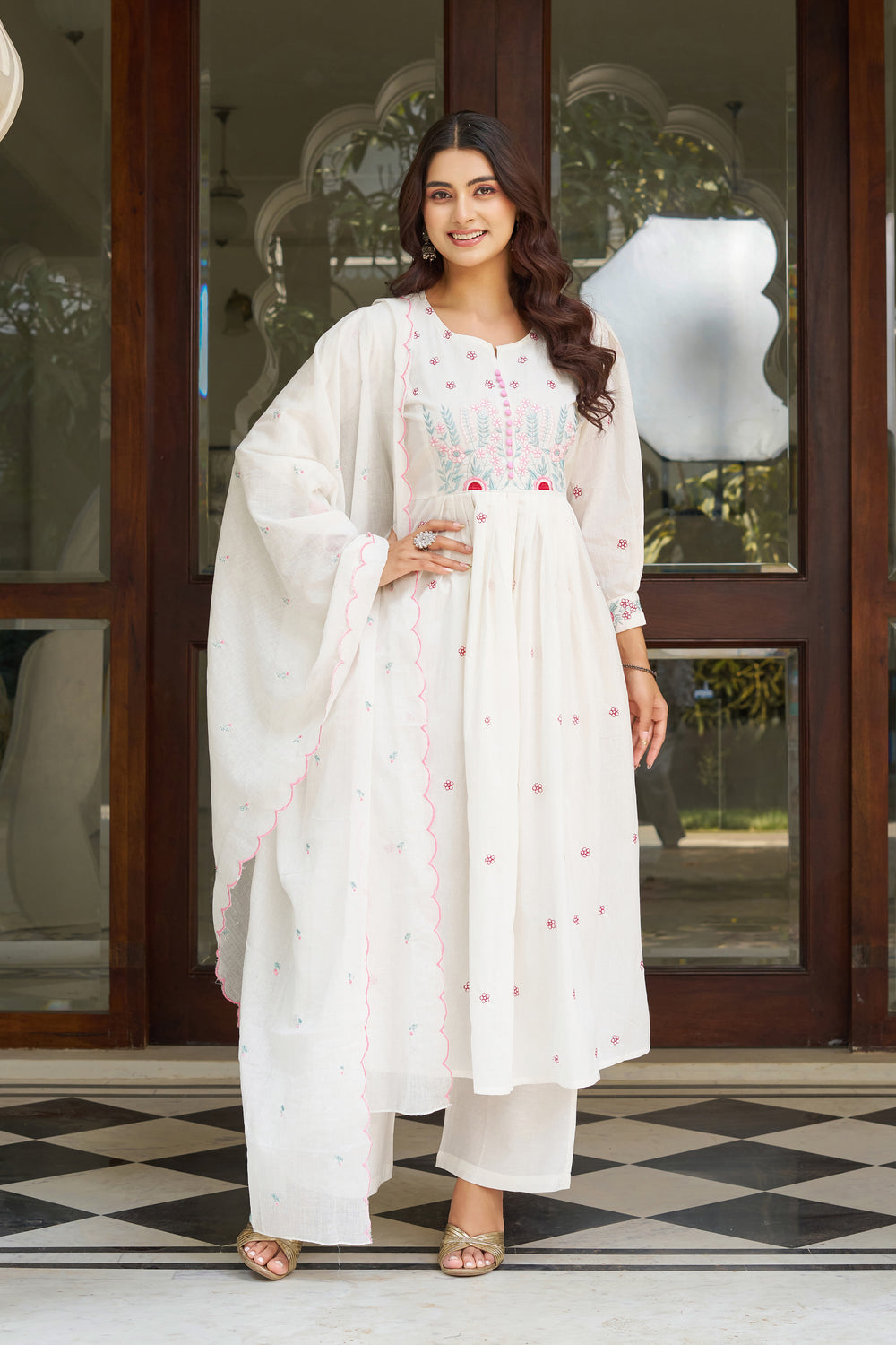 Elegant Embroidered Anarkali Kurta Set with Dupatta – Ivory