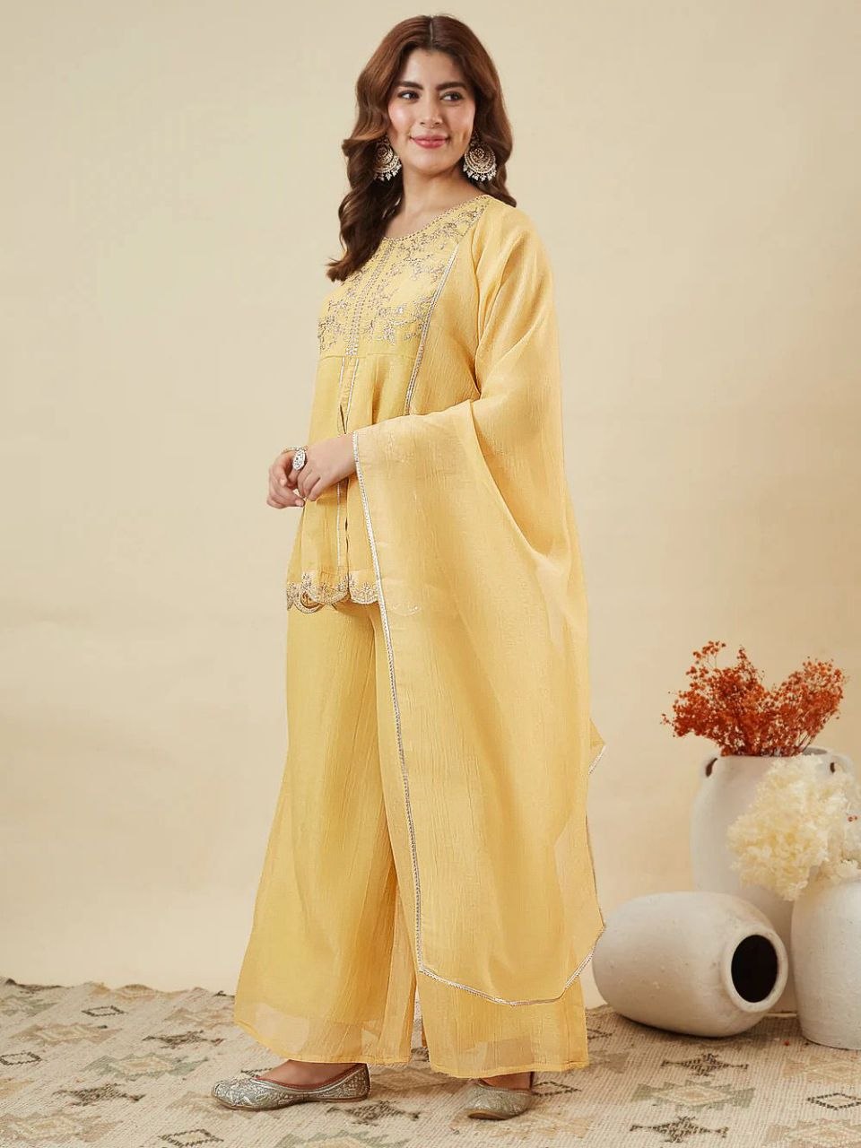 Mustard Yellow Embroidered Kurta Palazzo Set with Dupatta