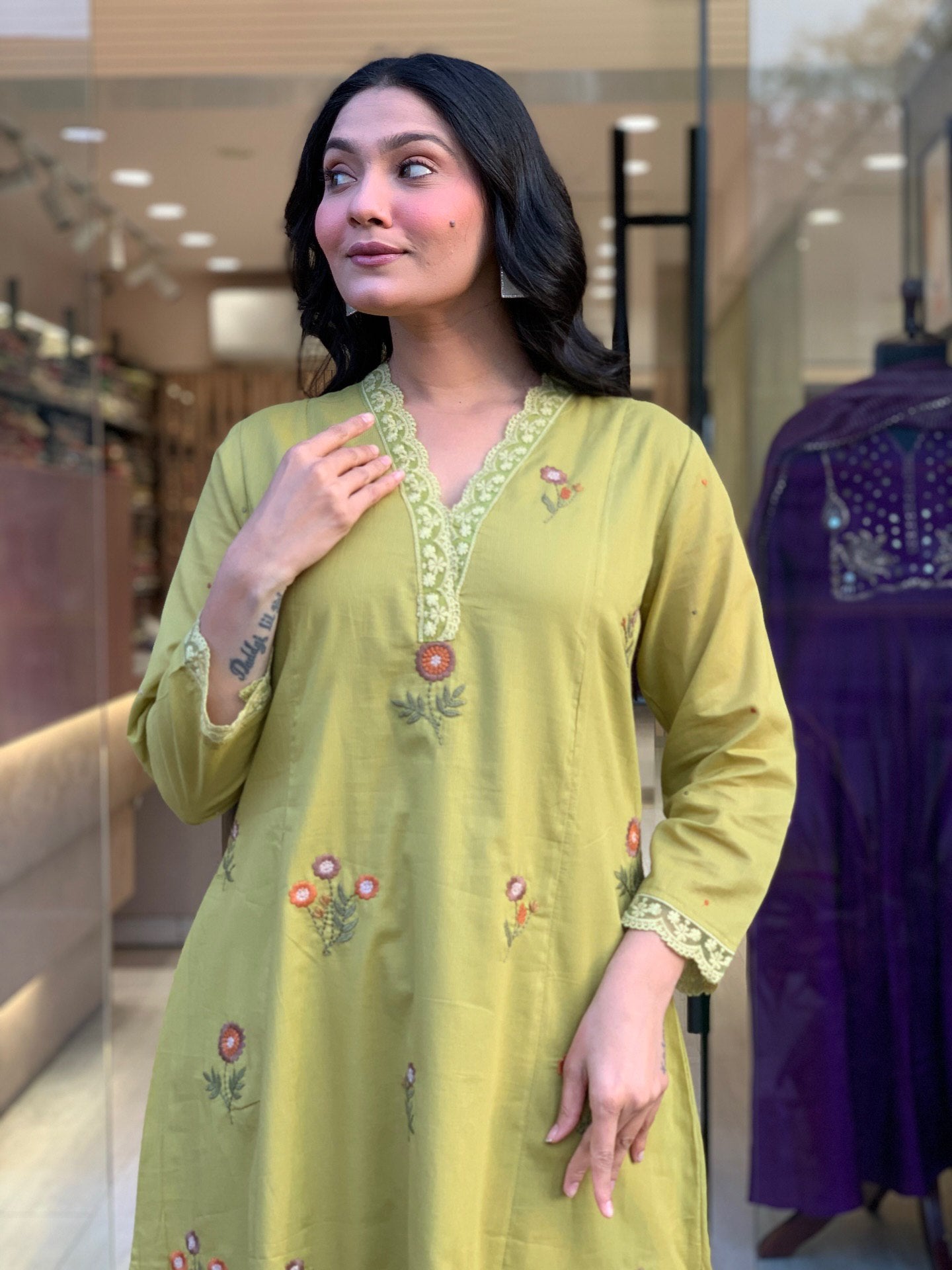 Pista Floral Embroidered Chanderi Kurta Set with Dupatta