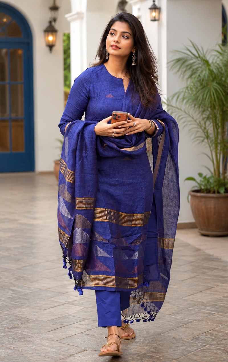 Glamorous Blue & Gold Designer Jacquard Suit with Dupatta Set