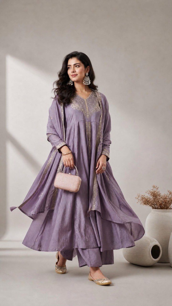 Lavender Embroidered Anarkali Kurta Palazzo Set with Dupatta