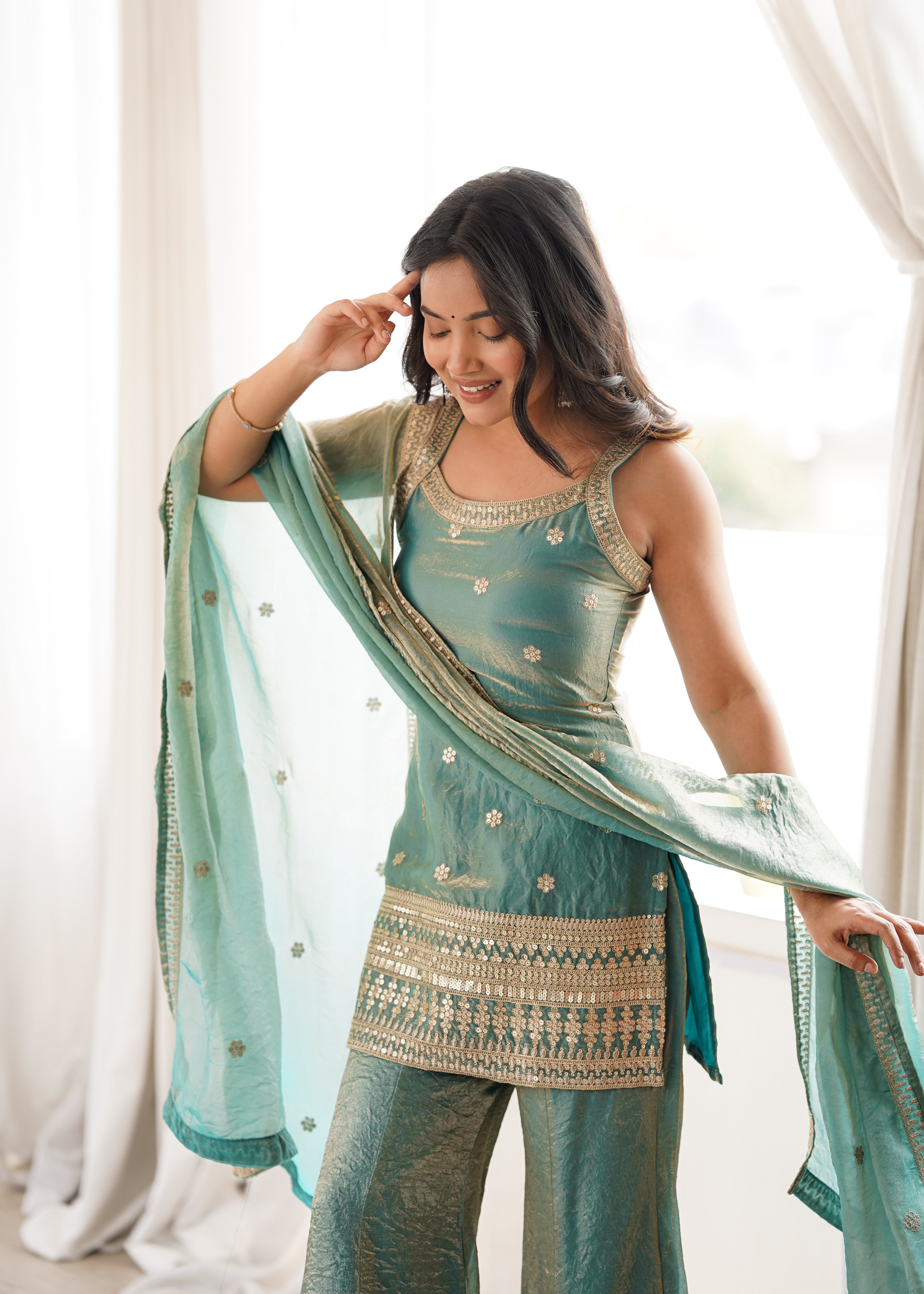 Sea Green Color Fendi Silk Embroidered Plazzo Suit