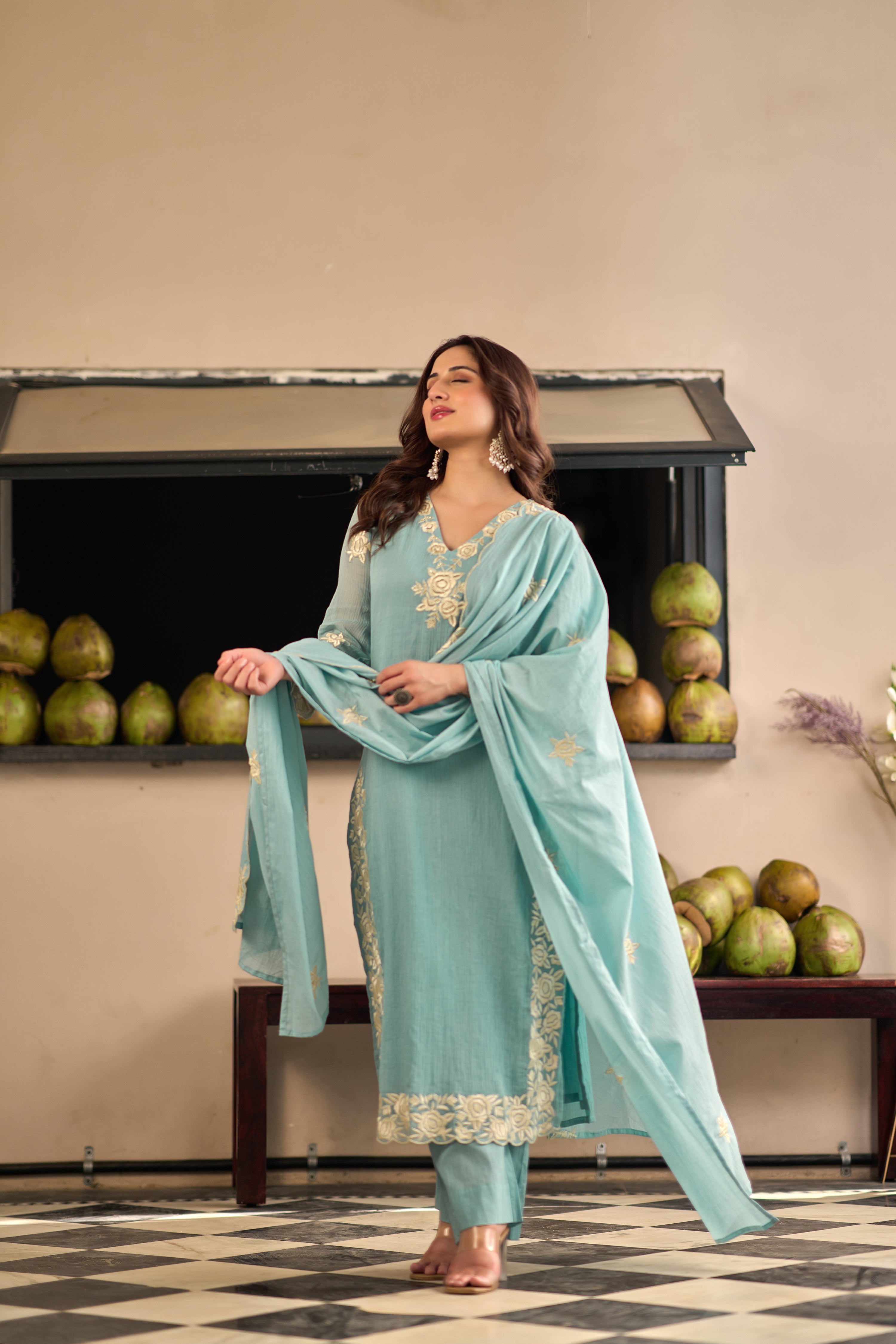 Sky Petal Elegance Sky Blue Embroidered Kurta Set with Dupatta