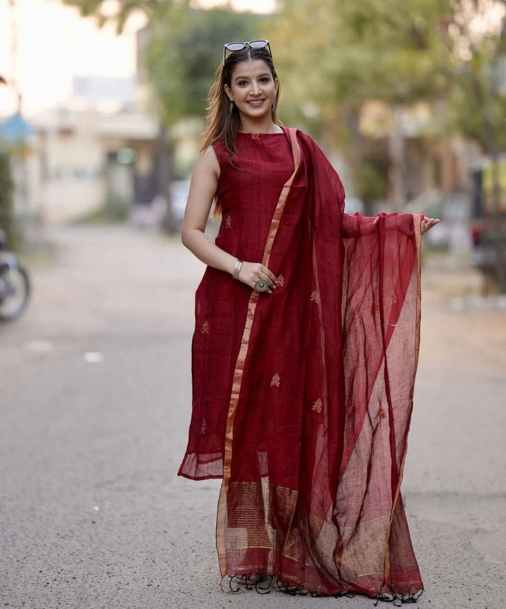 Solid Maroon Sleeveless Kurta Set with Handwoven Dupatta
