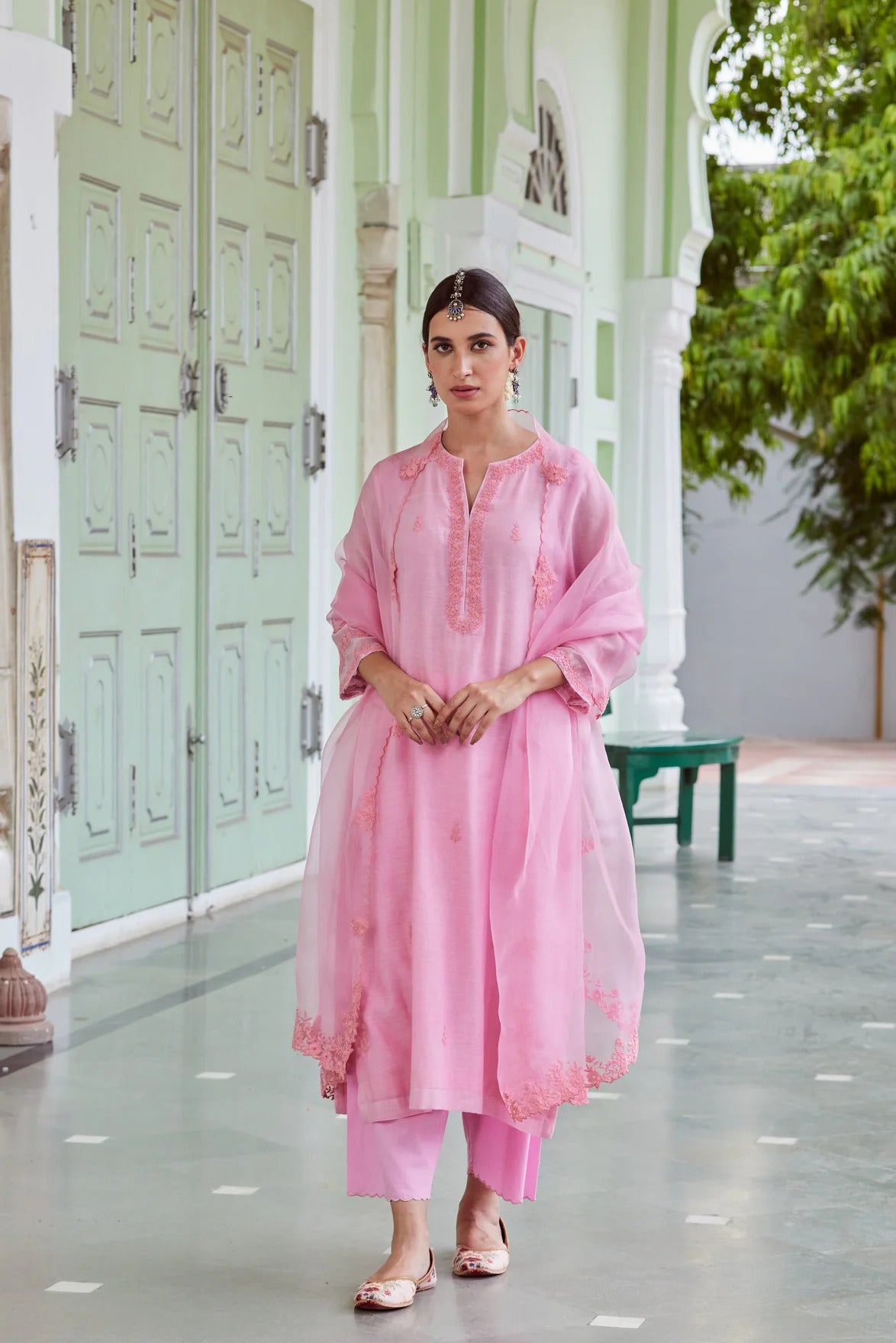 Light Pink Work Mul Chanderi with Ghewar Hand Embroidery Suit Set