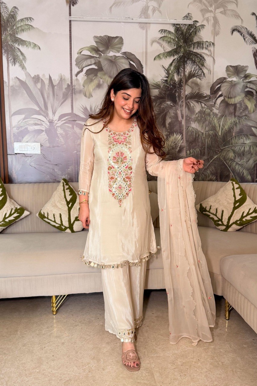 Elegant Off-White Thread Work Kurta Set with Palazzo and  Dupatta