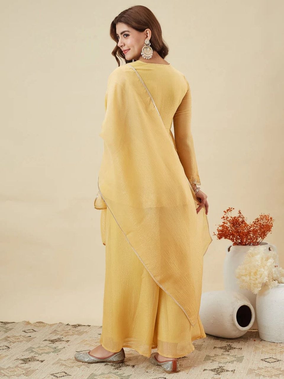 Mustard Yellow Embroidered Kurta Palazzo Set with Dupatta