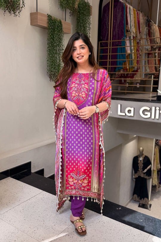 Purple Mustard Printed Kaftan Kurti Set with Beads Work & Pants