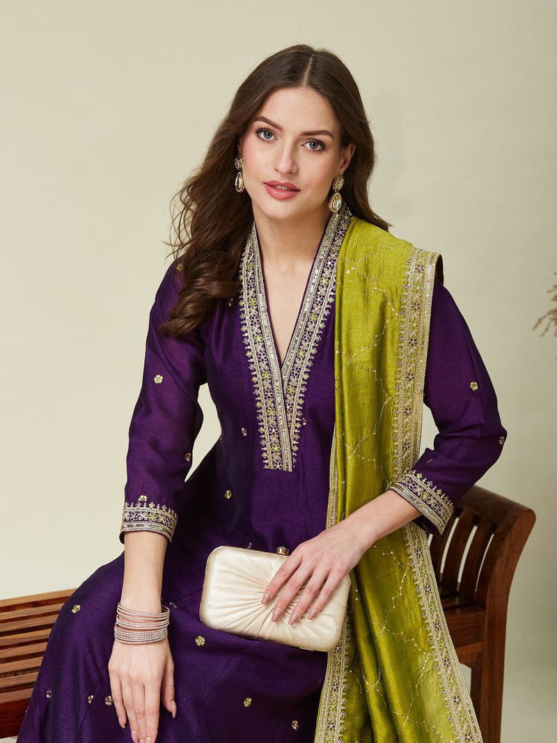 Royal Purple Embroidered Anarkali Kurta Set with Olive Green Dupatta