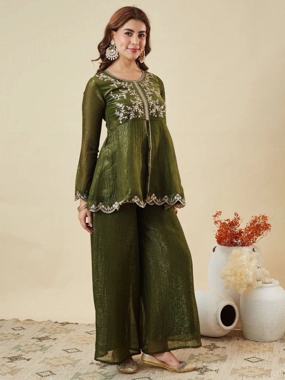Olive Green Embroidered Kurta Palazzo Set with Dupatta