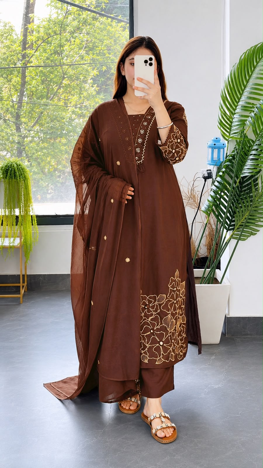 The Cocoa Blossom Silk Kurta Palazzo Set with Organza Dupatta
