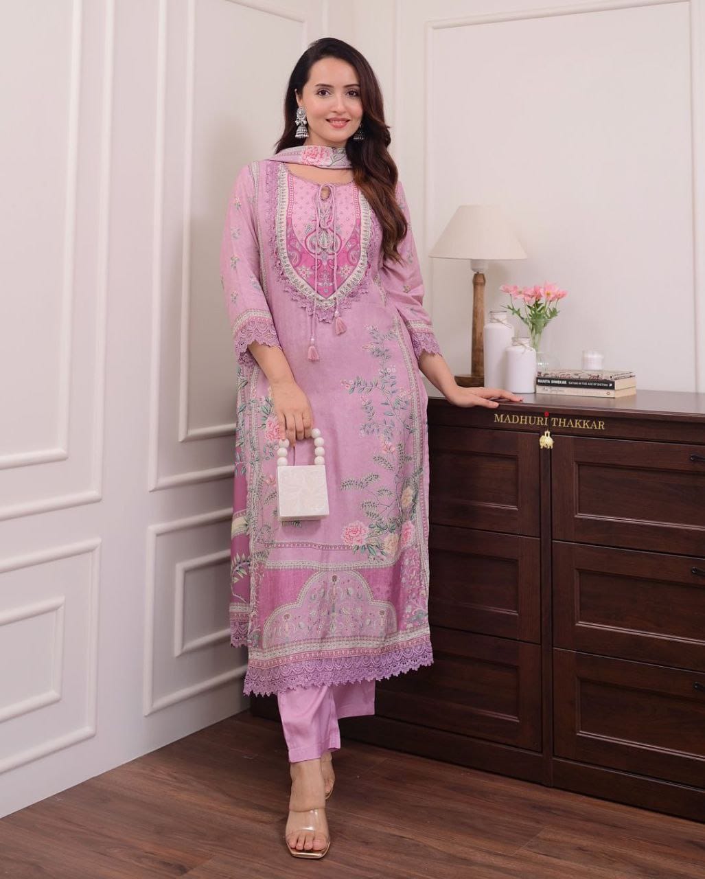 Elegant Lilac Floral Printed Straight Kurta, Pant & Dupatta Set for Women