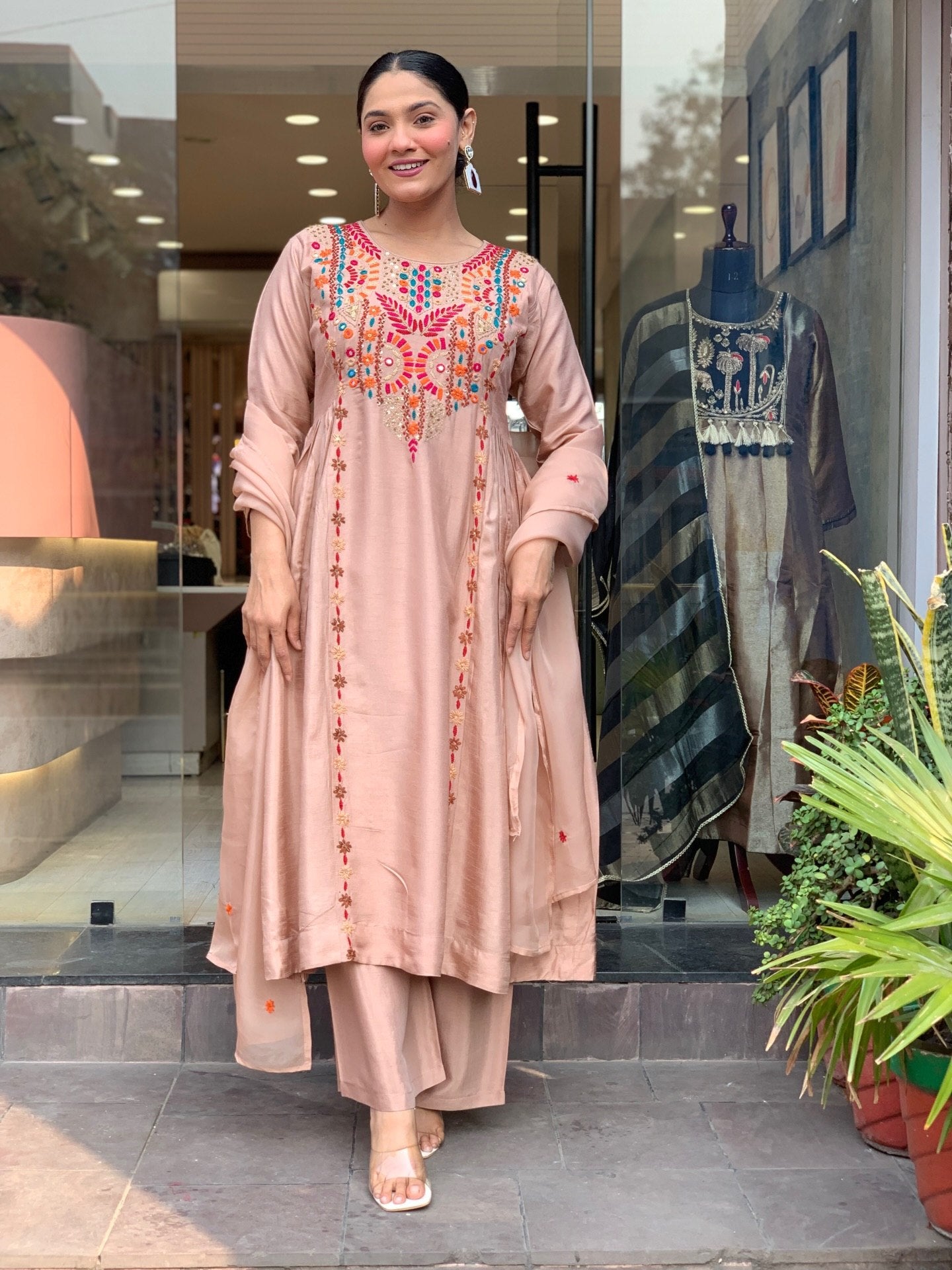 Elegant Peach Embroidered Anarkali Kurta Pant Set with Dupatta