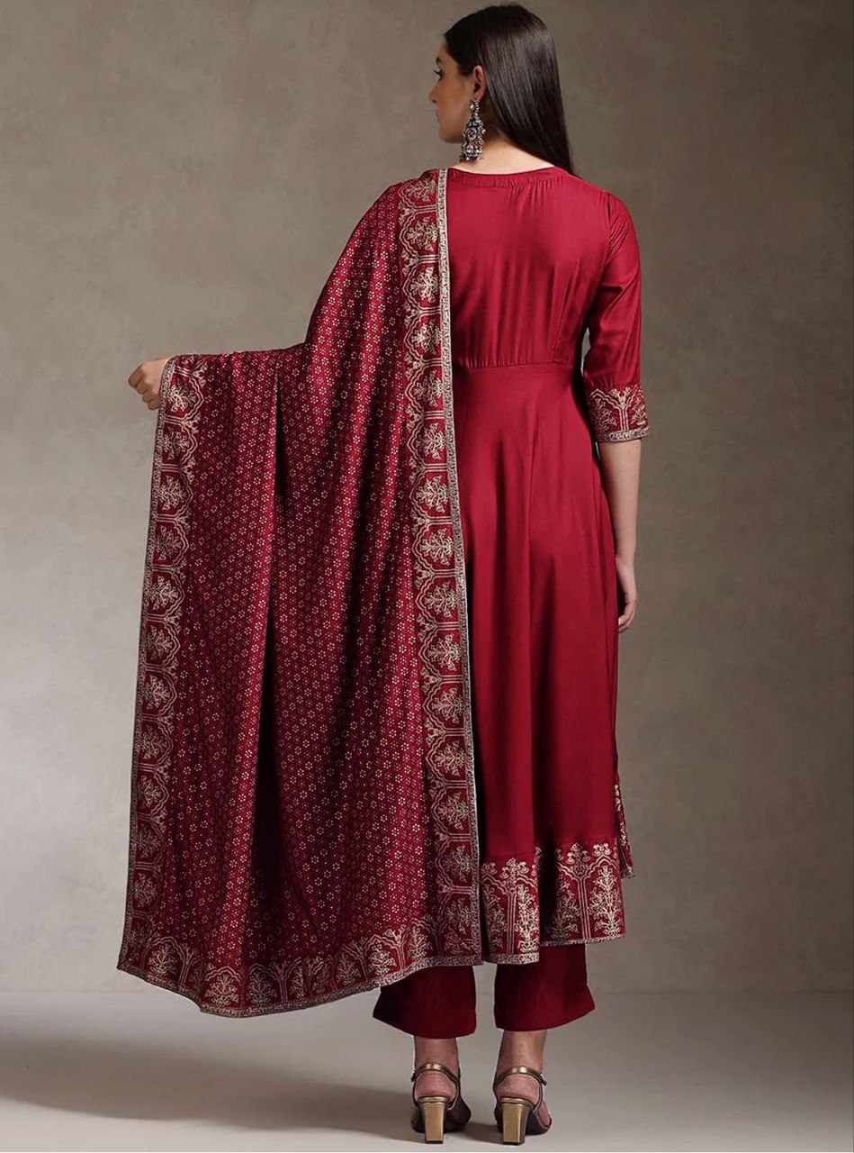 Maroon Anarkali Kurta Set with Zari Border Dupatta & Pants