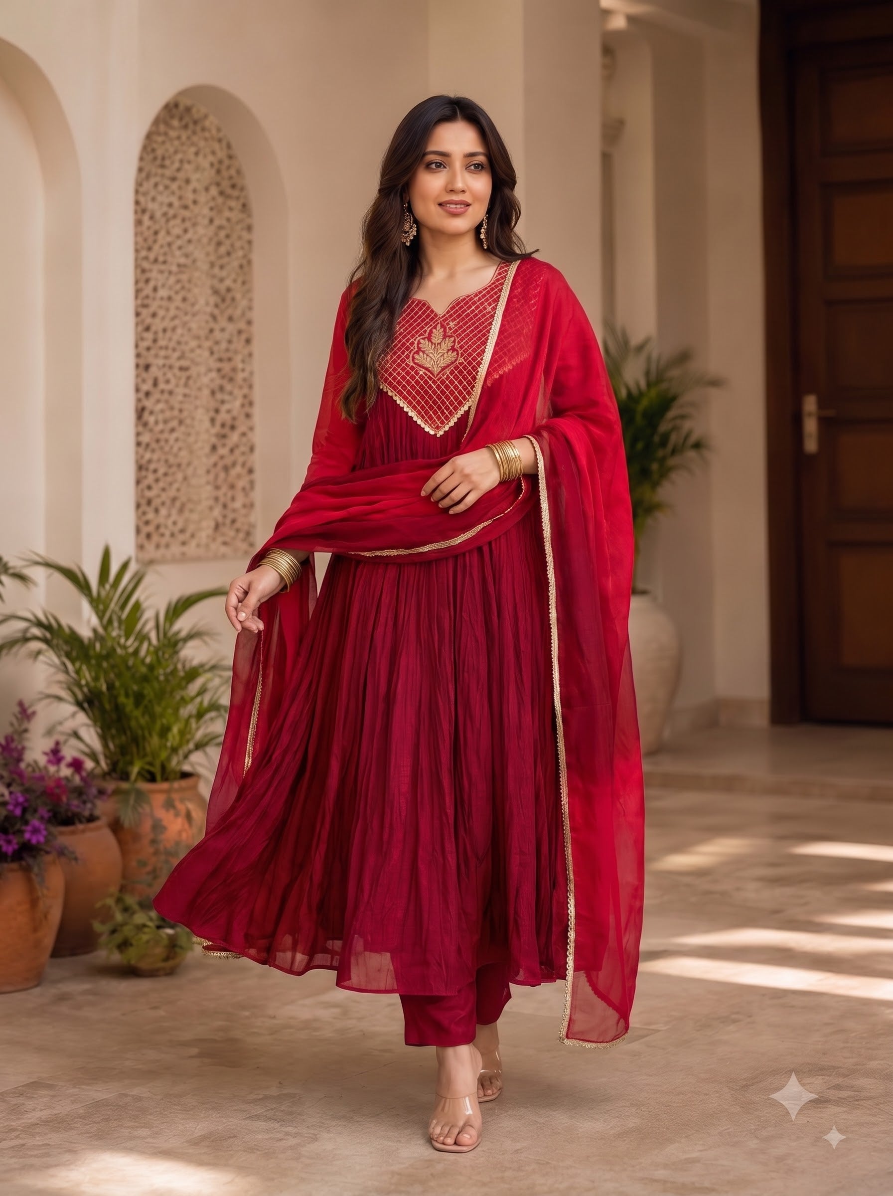 Women's Crimson Red Pleated Anarkali Kurta with Trousers and Lace Border Dupatta (Set of 3)
