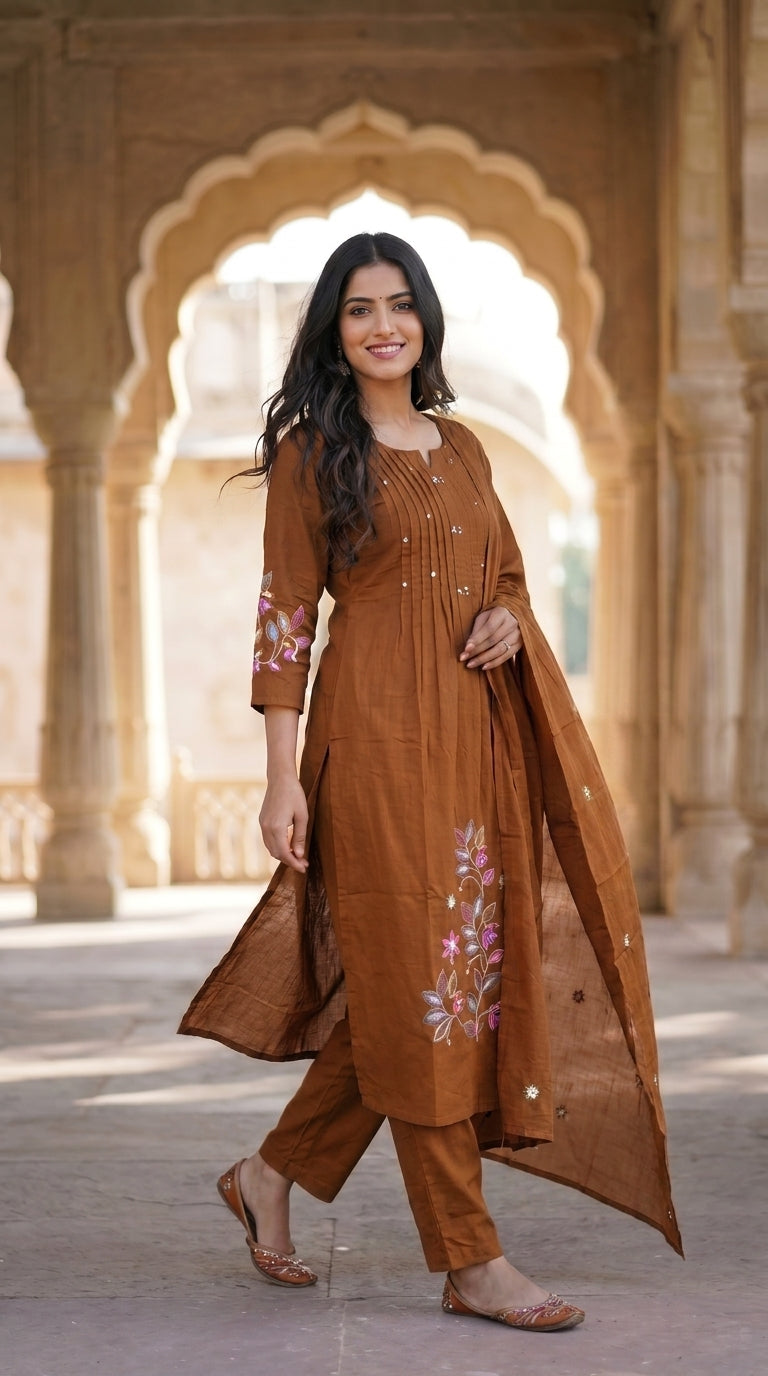 Coffee Brown Embroidered Cotton Kurta Pant Set with Dupatta