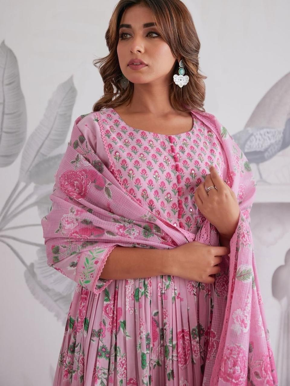 Premium Pink Floral Jaipuri Cotton 6060 Flared Anarkali Suit Set with Pant & Dupatta