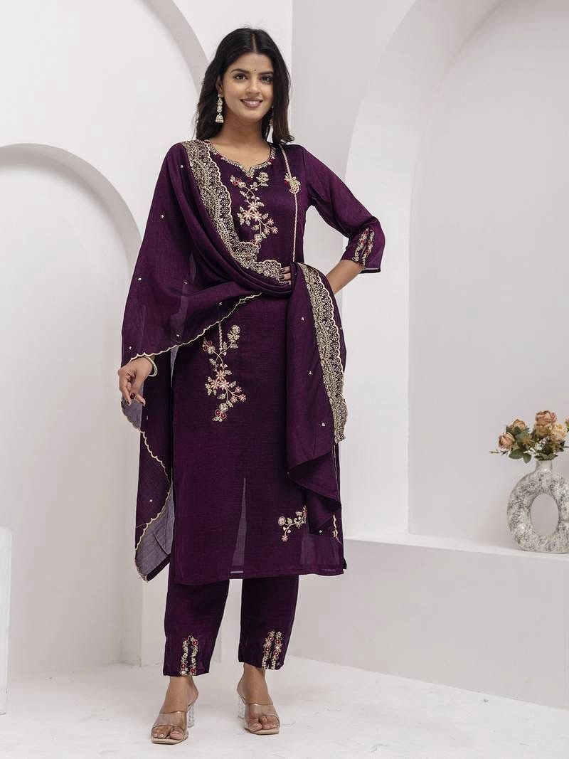 Deep Purple Embroidered Straight Kurta Set with Dupatta