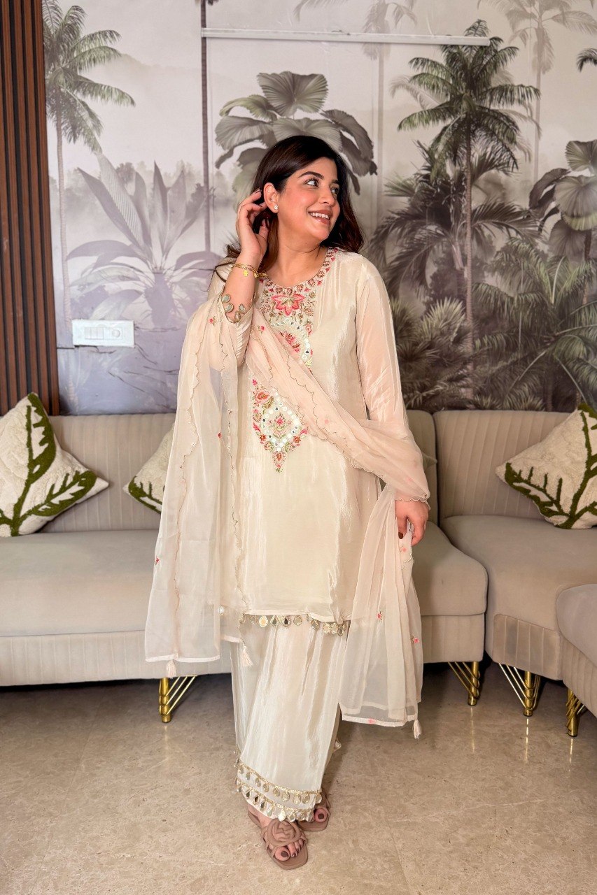 Elegant Off-White Thread Work Kurta Set with Palazzo and  Dupatta