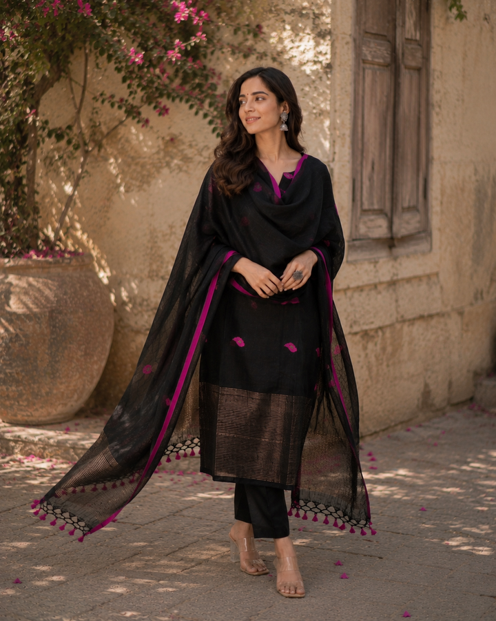 Royal Black & Magenta Designer Jacquard Suit Set with Dupatta