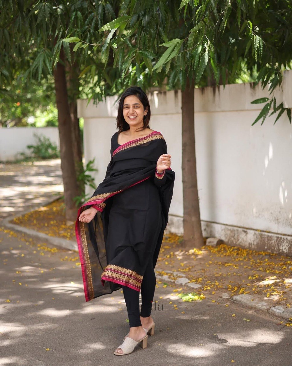 Classic Black Elegant Anarkali Suit Set with Embroidered Dupatta