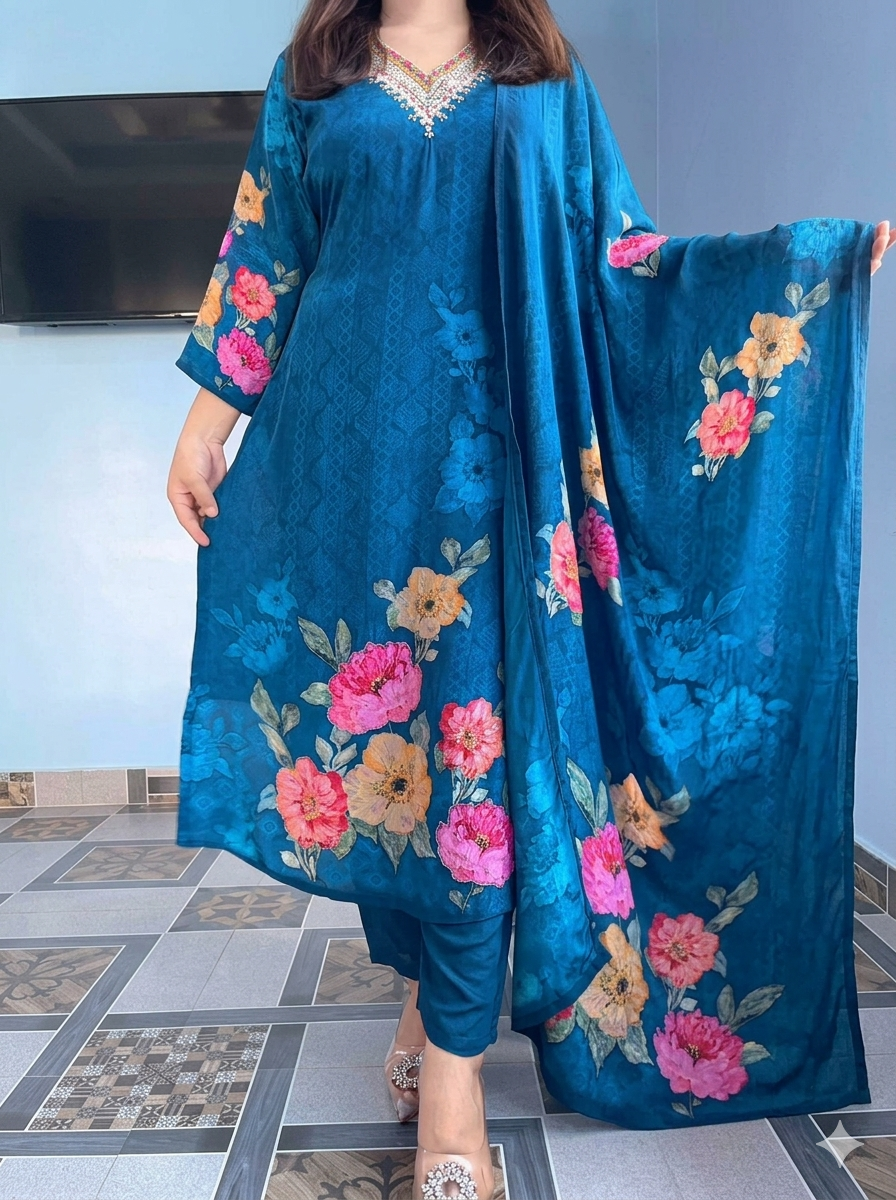 Royal Blue KitKat Silk Kurti Pant Set with Floral Dupatta for Festive Wear