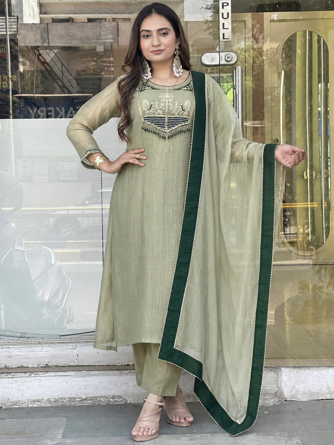 Pastel Sage Green Embroidered Salsa Anarkali Kurta Set with Organza Dupatta