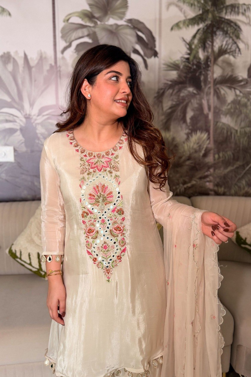 Elegant Off-White Thread Work Kurta Set with Palazzo and  Dupatta