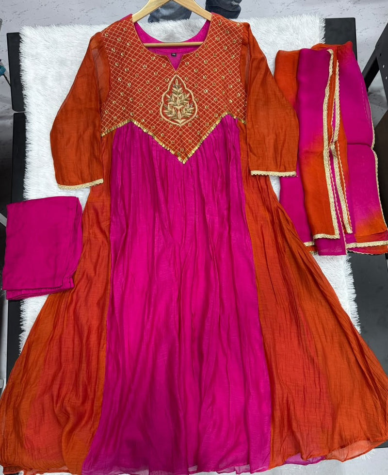 Orange & Pink Embroidered Anarkali Suit Set for Women