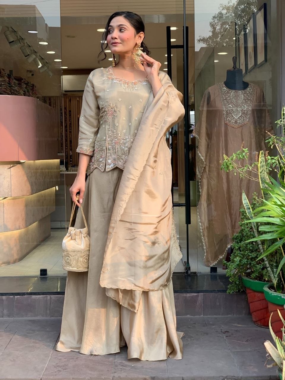 Festive Cream Silk Peplum Kurti & Sharara Suit with Matching Potli Bag