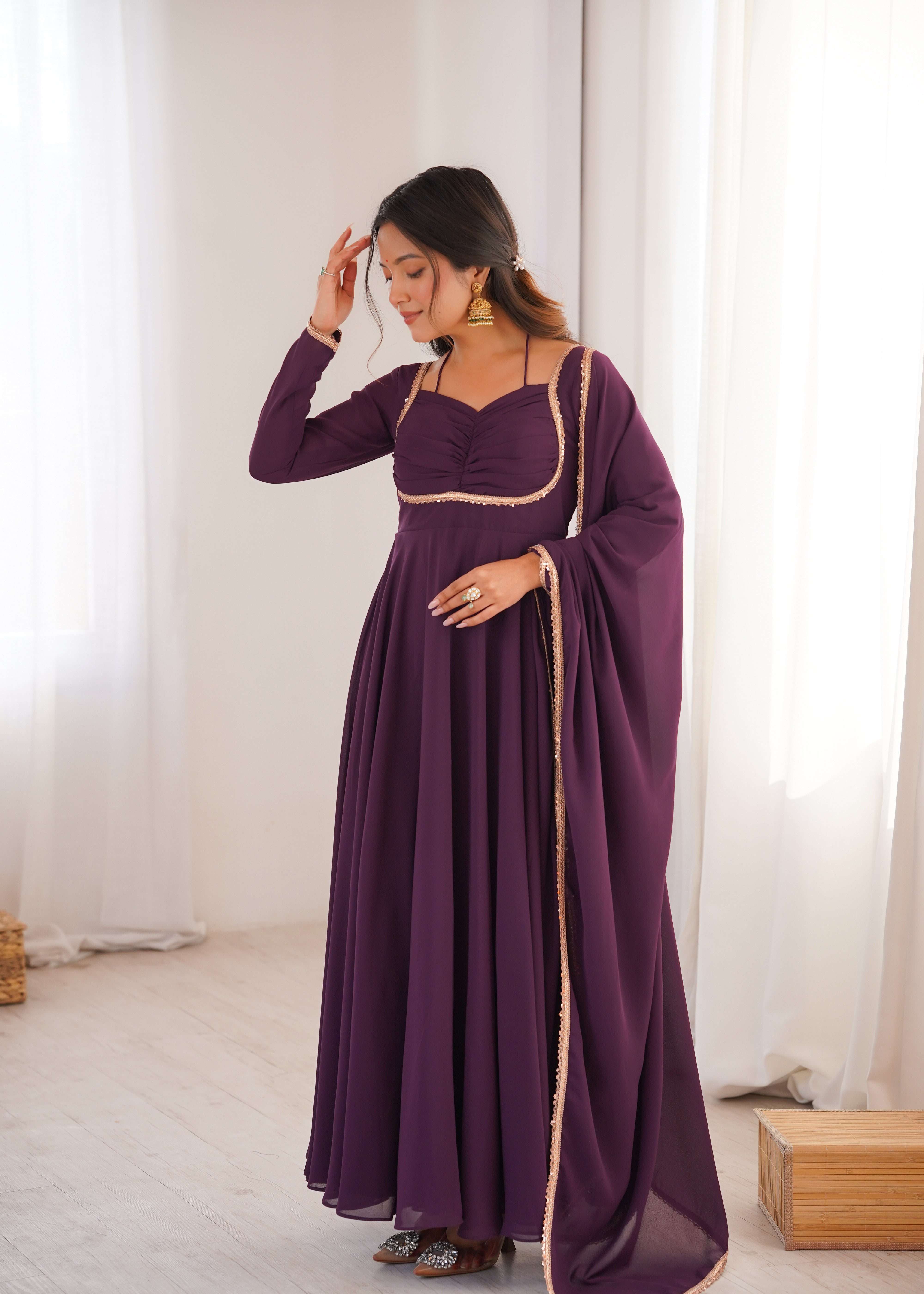 Wine Pure Fox Blooming Georgette Anarkali Dress With Dupatta