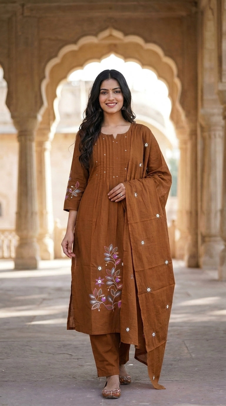 Coffee Brown Embroidered Cotton Kurta Pant Set with Dupatta