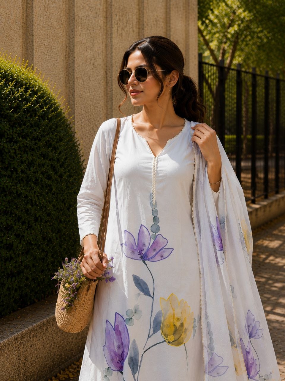 Ivory Floral Printed Kurta Set with Dupatta Elegant Ethnic Wear