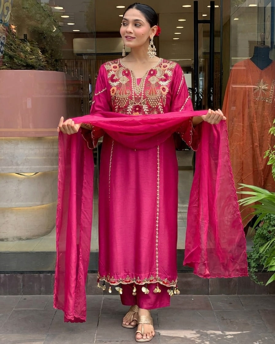Rani Pink Chanderi Silk Embroidered Kurta Pant Set with Dupatta