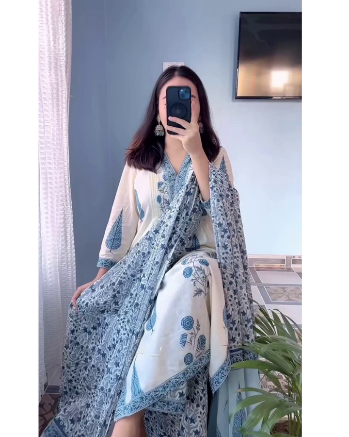 Ivory & Blue Floral Printed Kurta Set with Matching Dupatta