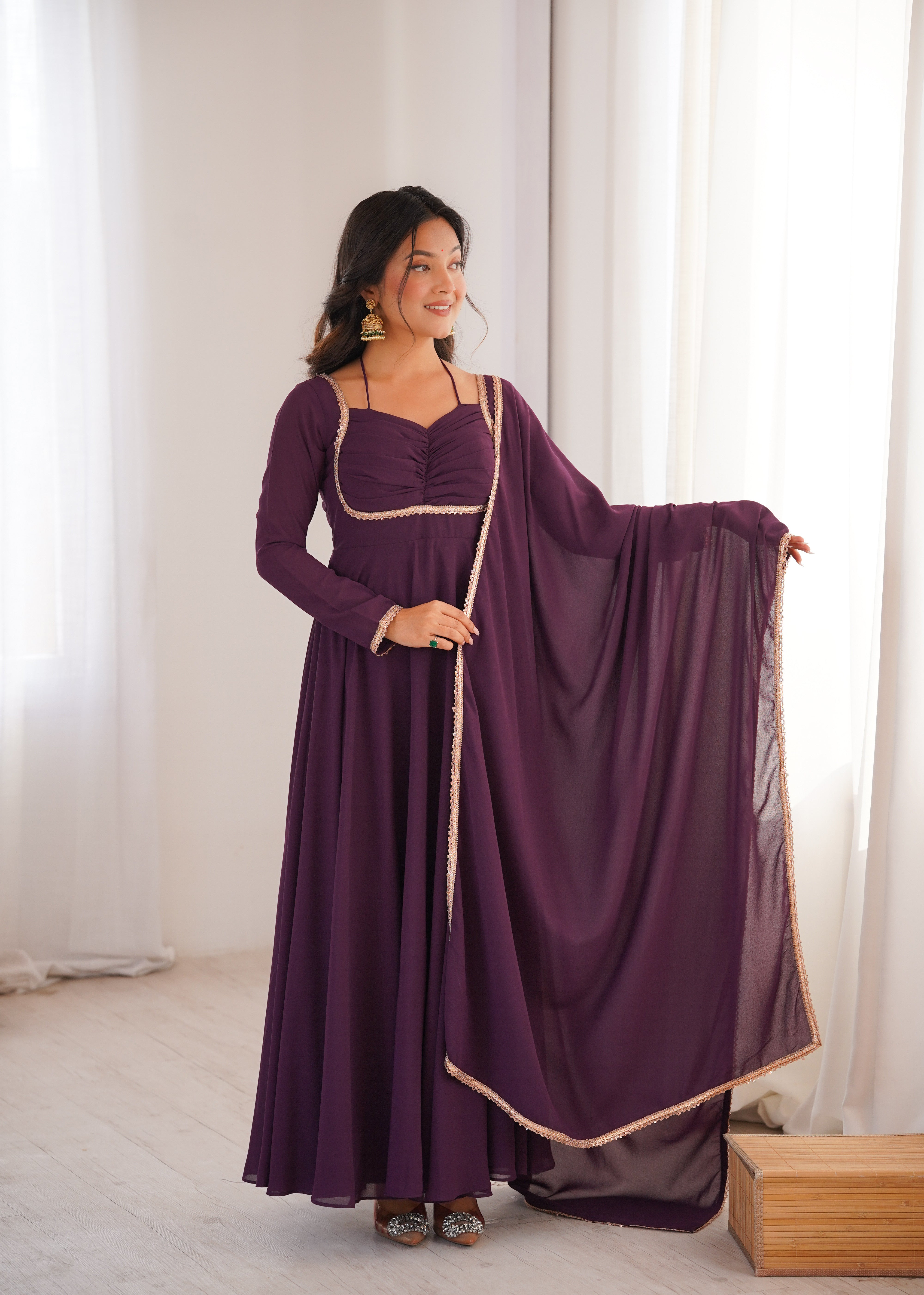 Wine Pure Fox Blooming Georgette Anarkali Dress With Dupatta