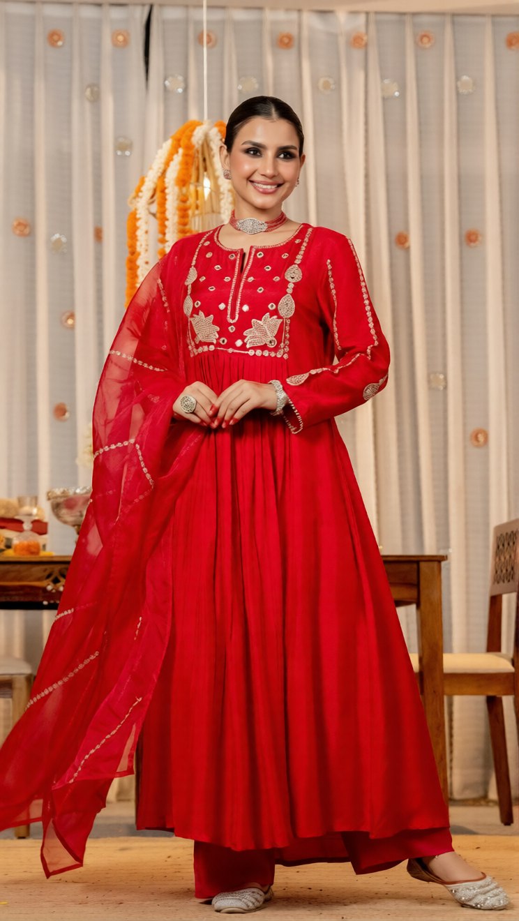 Radiant Red Festive Anarkali Suit Set with Dupatta