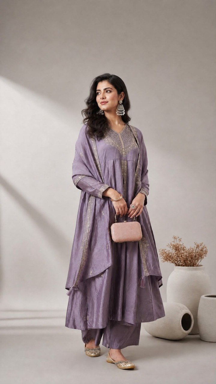 Lavender Embroidered Anarkali Kurta Palazzo Set with Dupatta