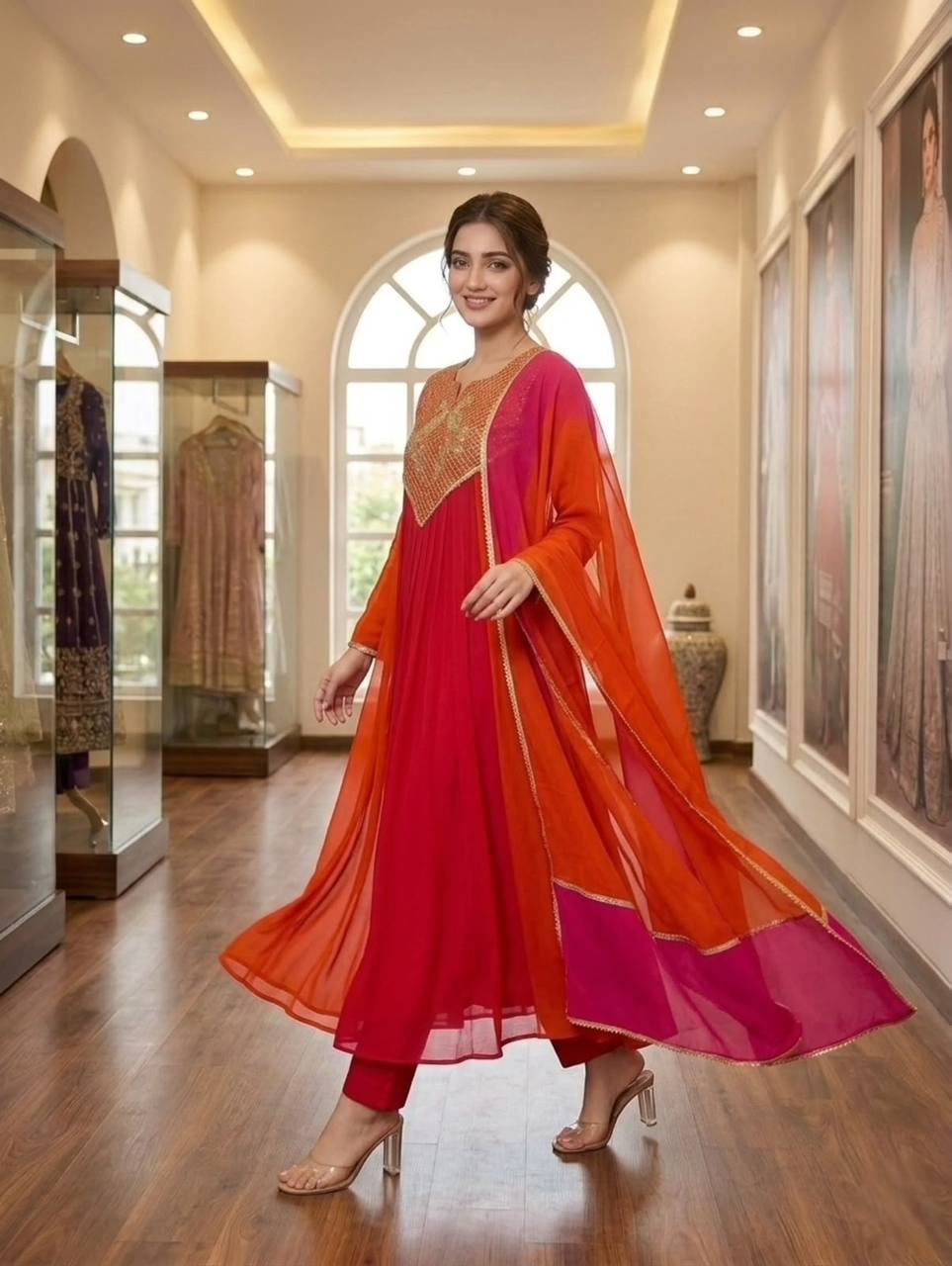 Orange & Pink Embroidered Anarkali Suit Set for Women