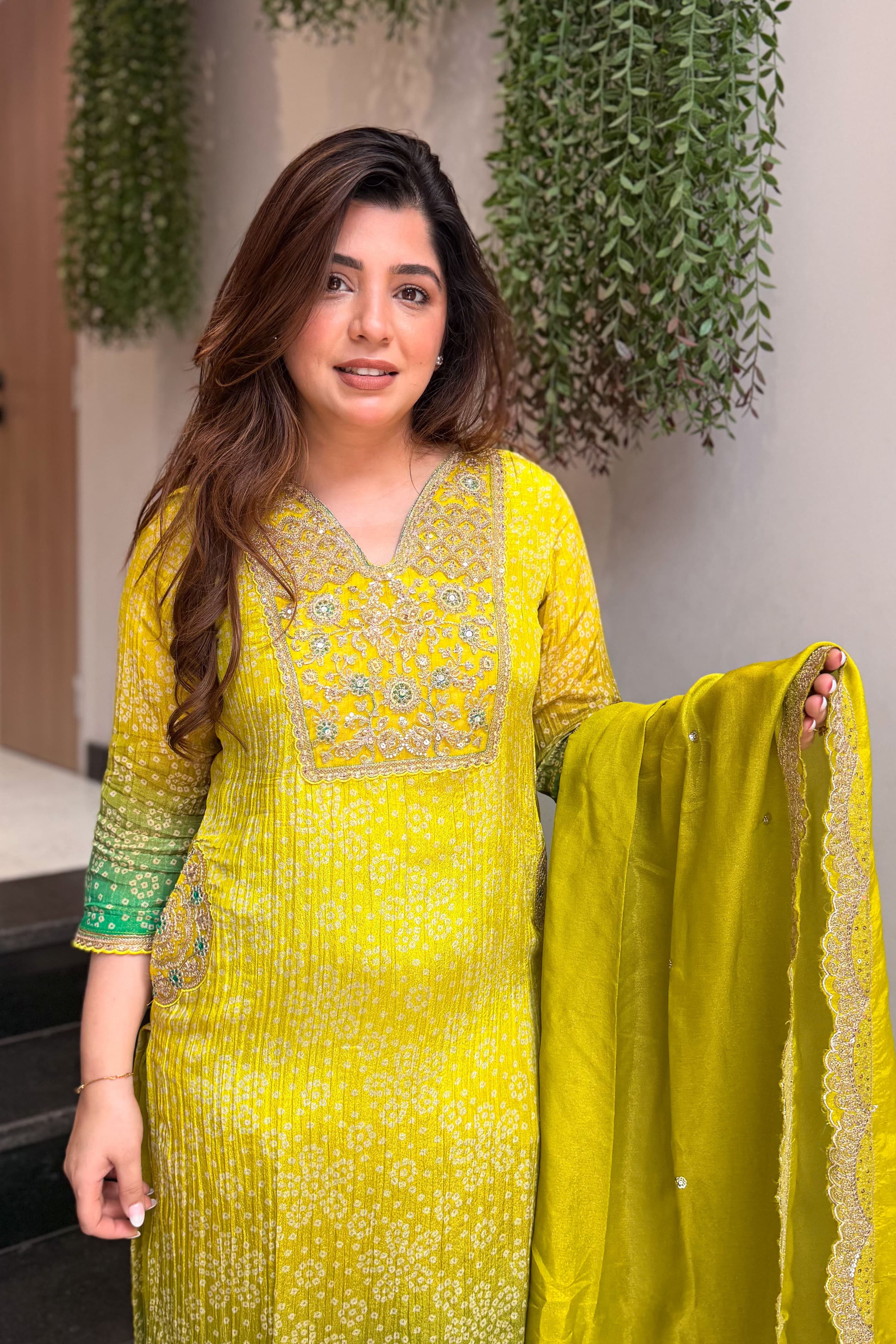 Lime Green Bandhani Print Premium Silk Suit Set