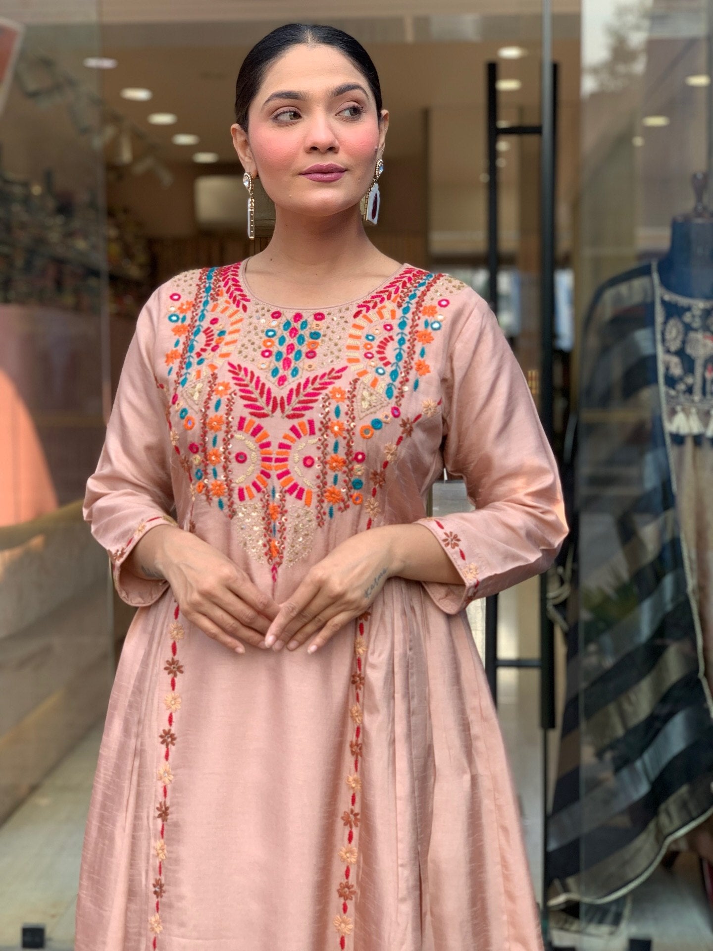 Elegant Peach Embroidered Anarkali Kurta Pant Set with Dupatta