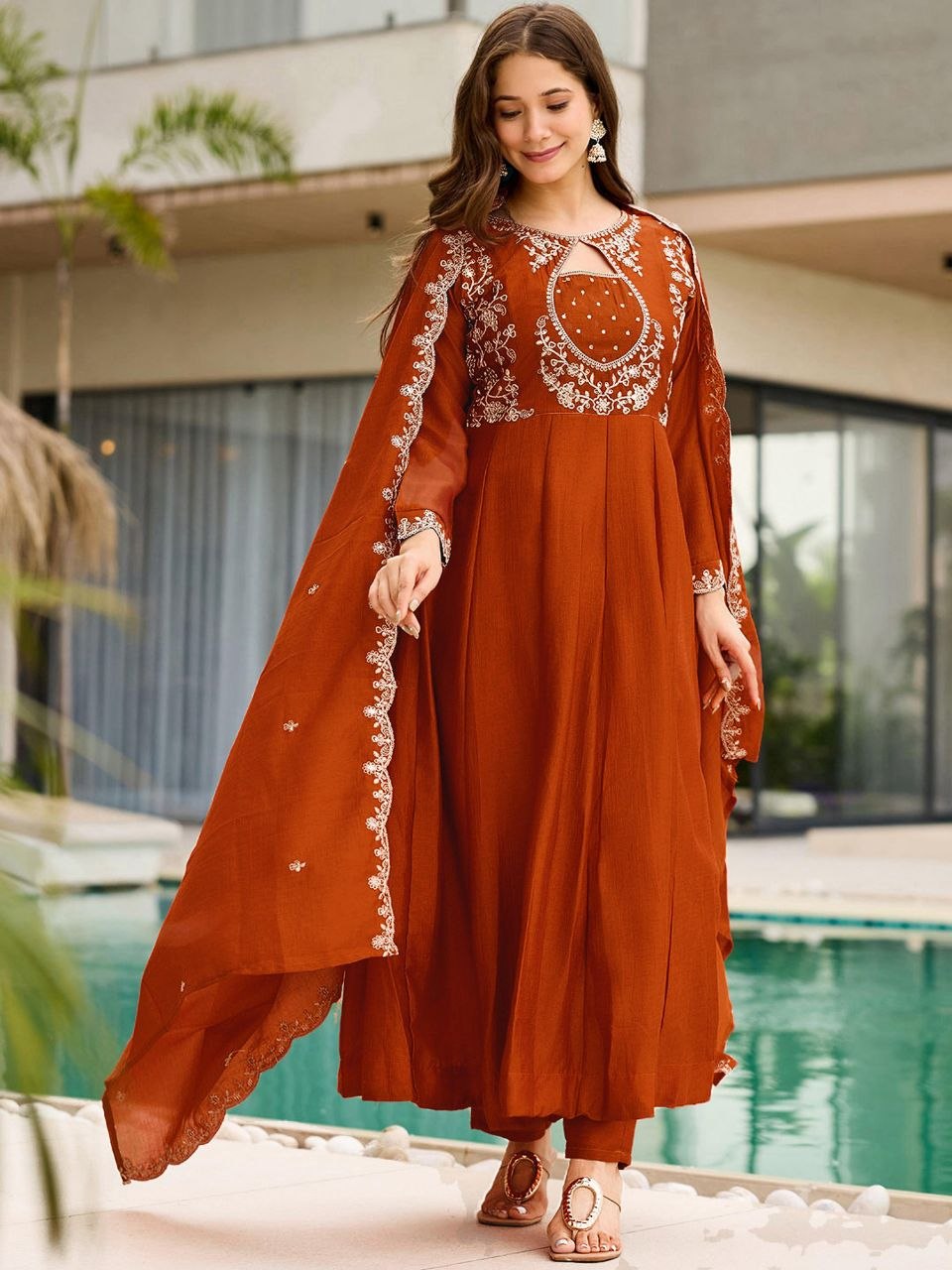Rust Orange Vichitra Silk Embroidered Anarkali Kurta Pant Set With Dupatta